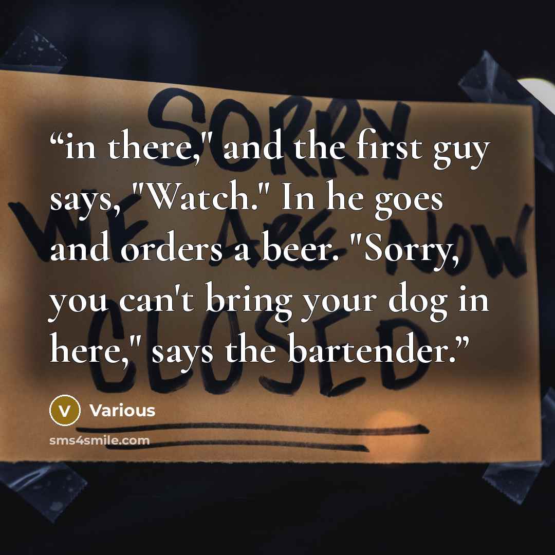 “in there," and the first guy says, "Watch." In he goes and orders a beer. "Sorry, you can't bring your dog in here," says the bartender.” quote by Various