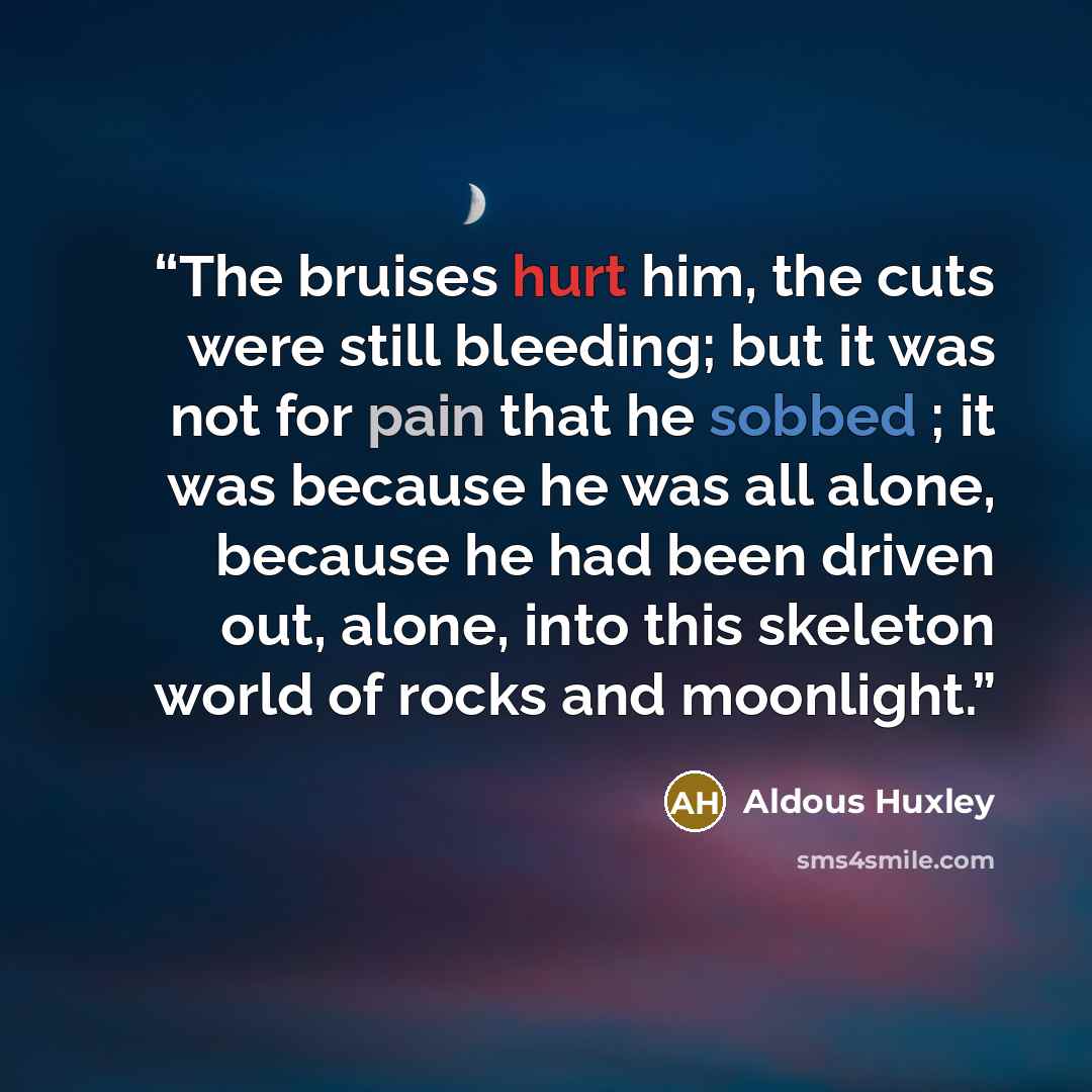 “The bruises hurt him, the cuts were still bleeding; but it was not for pain that he sobbed ; it was because he was all alone, because he had been driven out, alone, into this skeleton world of rocks and moonlight.” quote by Aldous Huxley