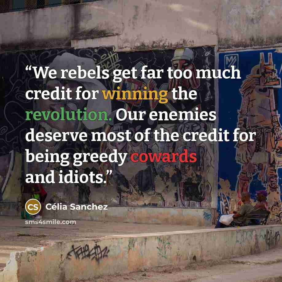“We rebels get far too much credit for winning the revolution. Our enemies deserve most of the credit for being greedy cowards and idiots.” quote by Célia Sanchez