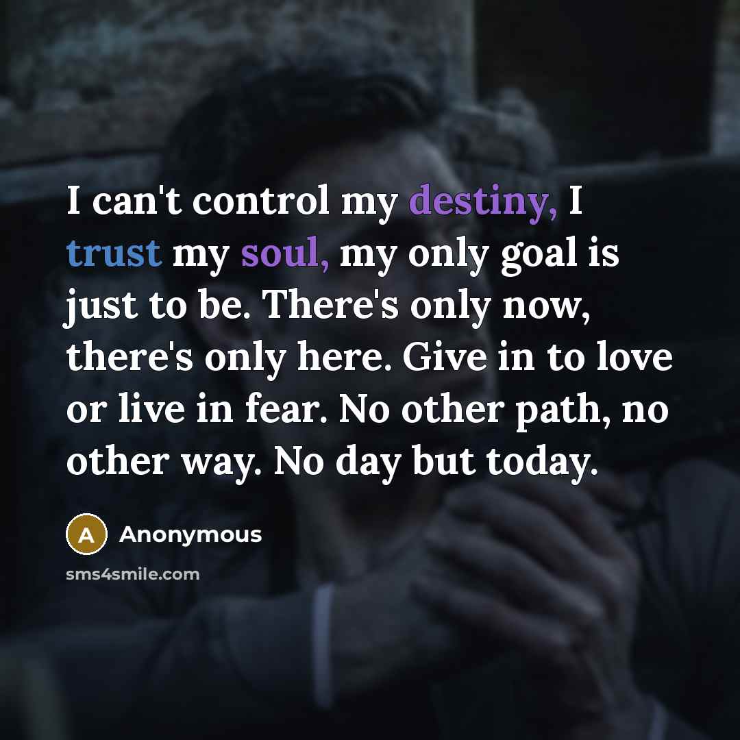 “I can't control my destiny, I trust my soul, my only goal is just to be. There's only now, there's only here. Give in to love or live in fear. No other path, no other way. No day but today.” quote by Anonymous