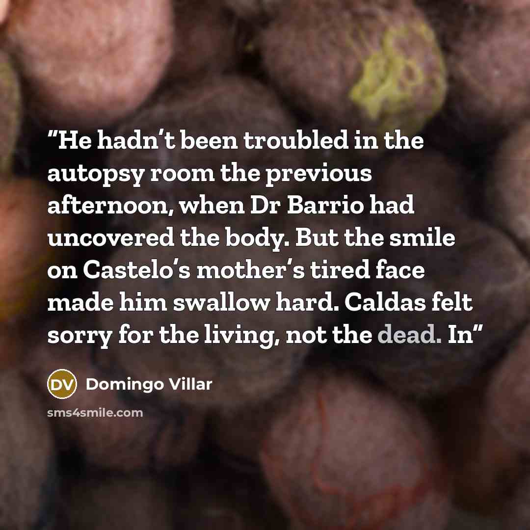 “He hadn’t been troubled in the autopsy room the previous afternoon, when Dr Barrio had uncovered the body. But the smile on Castelo’s mother’s tired face made him swallow hard. Caldas felt sorry for the living, not the dead. In” quote by Domingo Villar