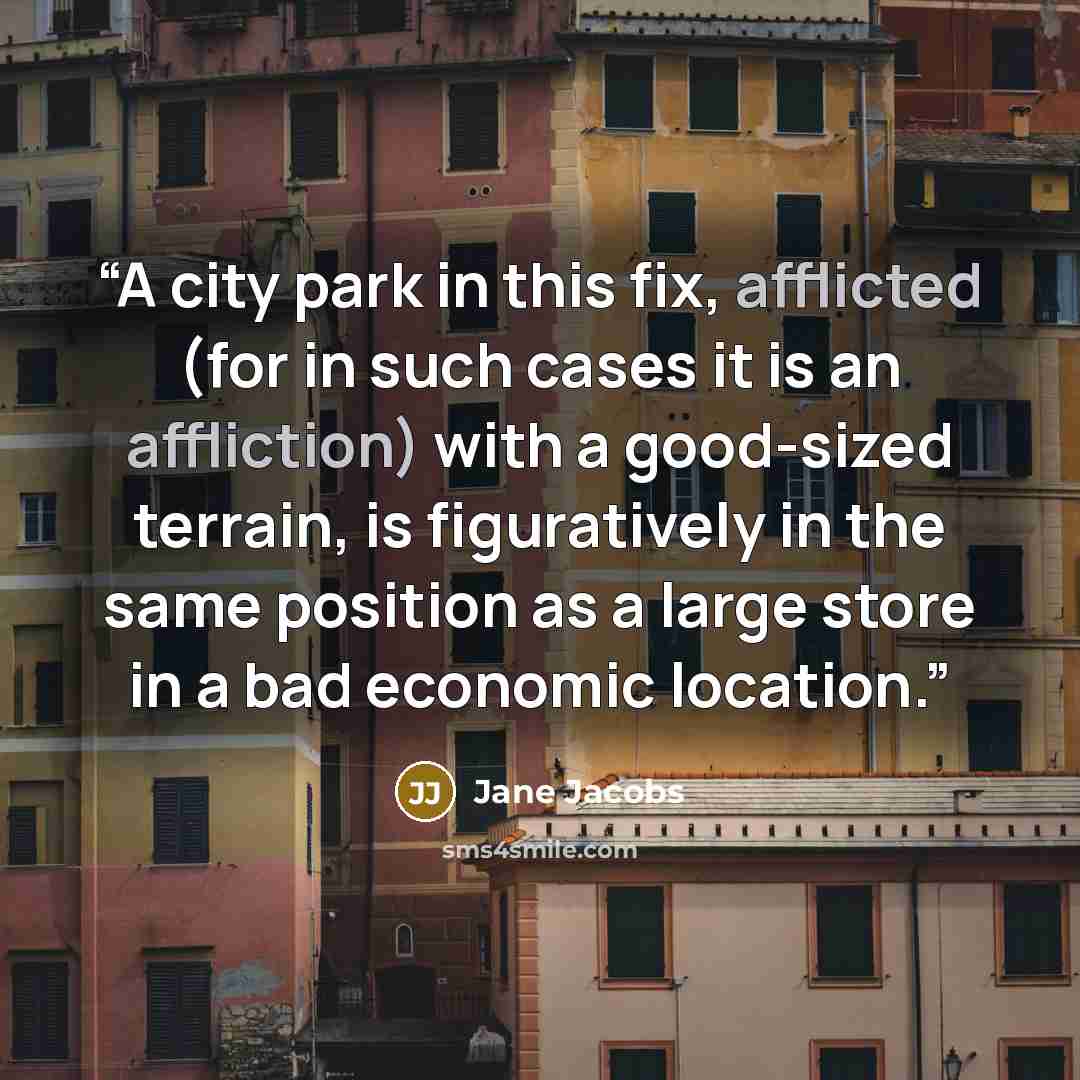 “A city park in this fix, afflicted (for in such cases it is an affliction) with a good-sized terrain, is figuratively in the same position as a large store in a bad economic location.” quote by Jane Jacobs