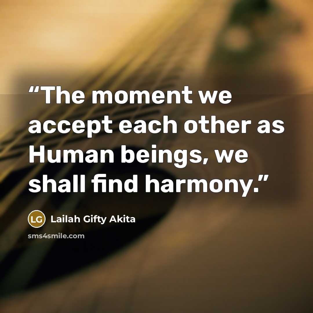 “The moment we accept each other as Human beings, we shall find harmony.” quote by Lailah Gifty Akita