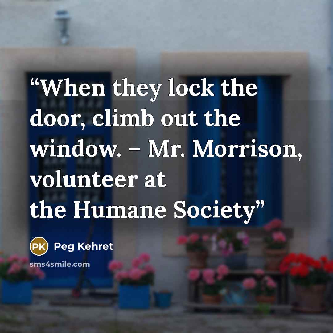 “When they lock the door, climb out the window. – Mr. Morrison, volunteer at the Humane Society” quote by Peg Kehret