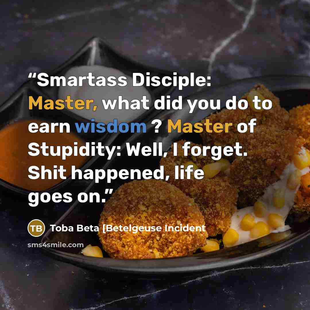 “Smartass Disciple: Master, what did you do to earn wisdom ? Master of Stupidity: Well, I forget. Shit happened, life goes on.” quote by Toba Beta [Betelgeuse Incident