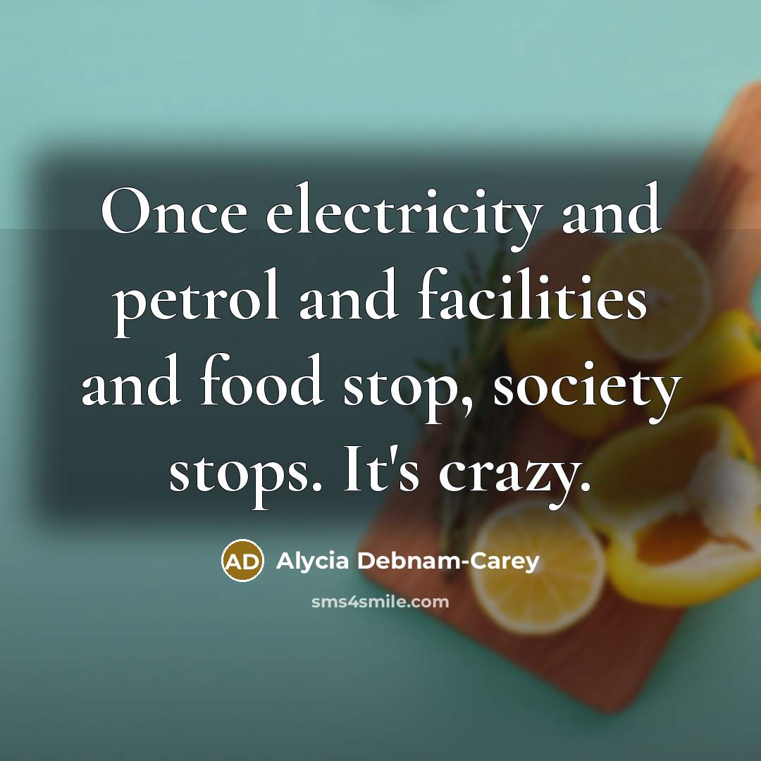 “Once electricity and petrol and facilities and food stop, society…” quote by Alycia Debnam-Carey
