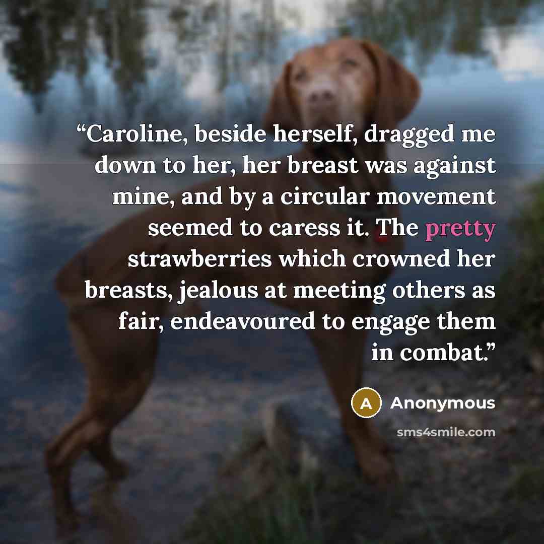 “Caroline, beside herself, dragged me down to her, her breast was against mine, and by a circular movement seemed to caress it. The pretty strawberries which crowned her breasts, jealous at meeting others as fair, endeavoured to engage them in combat.” quote by Anonymous