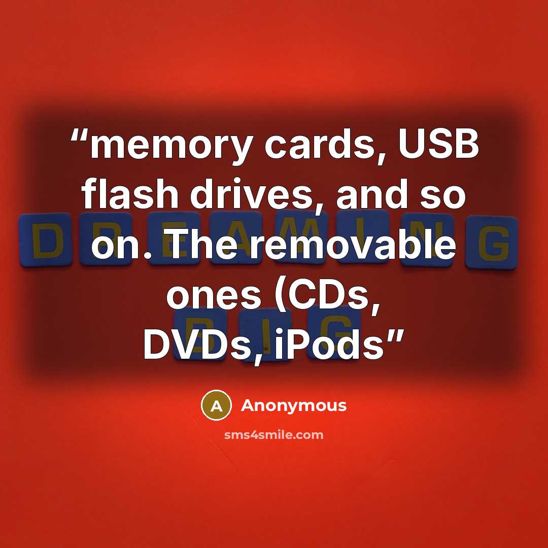“memory cards, USB flash drives, and so on. The removable ones (CDs, DVDs, iPods” quote by Anonymous