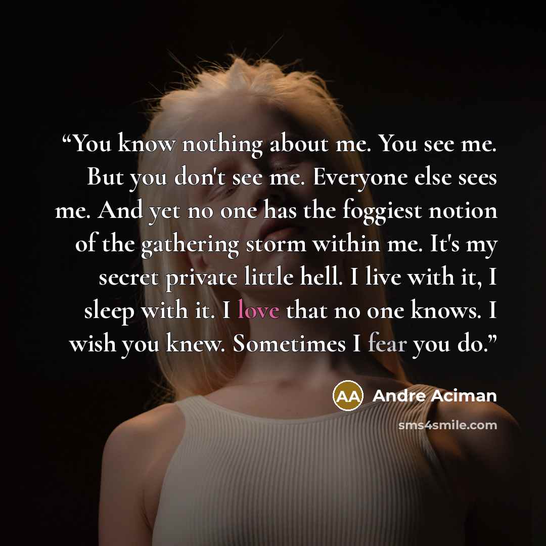 “You know nothing about me. You see me. But you don't see me. Everyone else sees me. And yet no one has the foggiest notion of the gathering storm within me. It's my secret private little hell. I live with it, I sleep with it. I love that no one knows. I wish you knew. Sometimes I fear you do.” quote by André Aciman