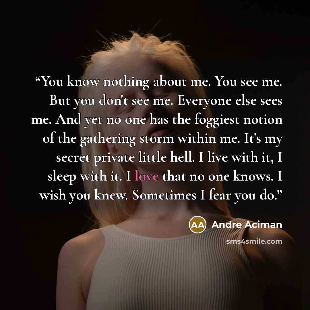 “You know nothing about me. You see me. But you don't see me. Everyone else sees me. And yet no one has the foggiest notion of the gathering storm within me. It's my secret private little hell. I live with it, I sleep with it. I love that no one knows. I wish you knew. Sometimes I fear you do.” quote by André Aciman