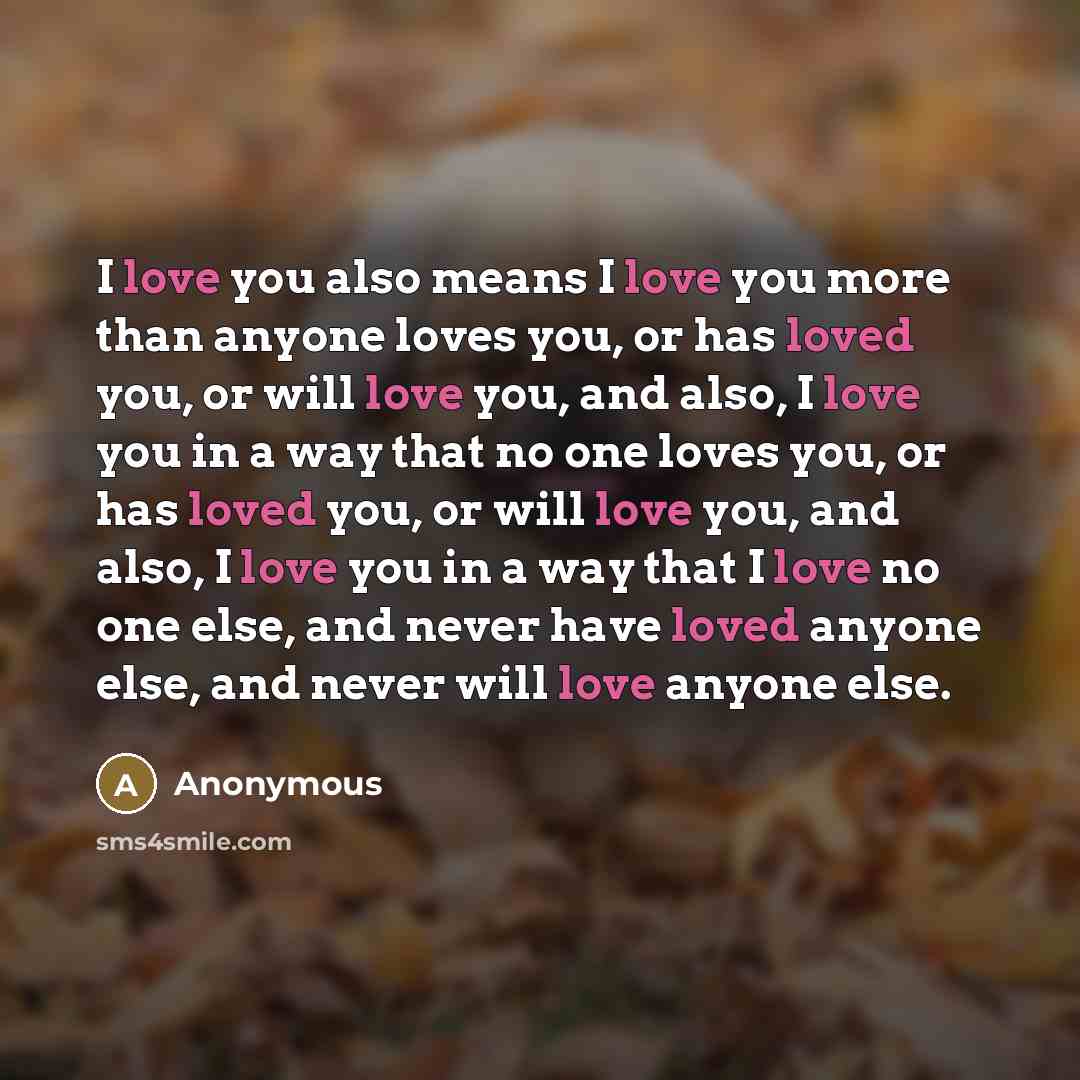 “I love you also means I love you more than anyone loves you, or has loved you, or will love you, and also, I love you in a way that no one loves you, or has loved you, or will love you, and also, I love you in a way that I love no one else, and never have loved anyone else, and never will love…” quote by Anonymous