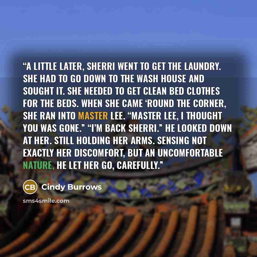“A little later, Sherri went to get the laundry. She had to go down to the wash house and sought it. She needed to get clean bed clothes for the beds. When she came ‘round the corner, she ran into Master Lee. “Master Lee, I thought you was gone.” “I’m back Sherri.” He looked down at her. Still…” quote by Cindy Burrows