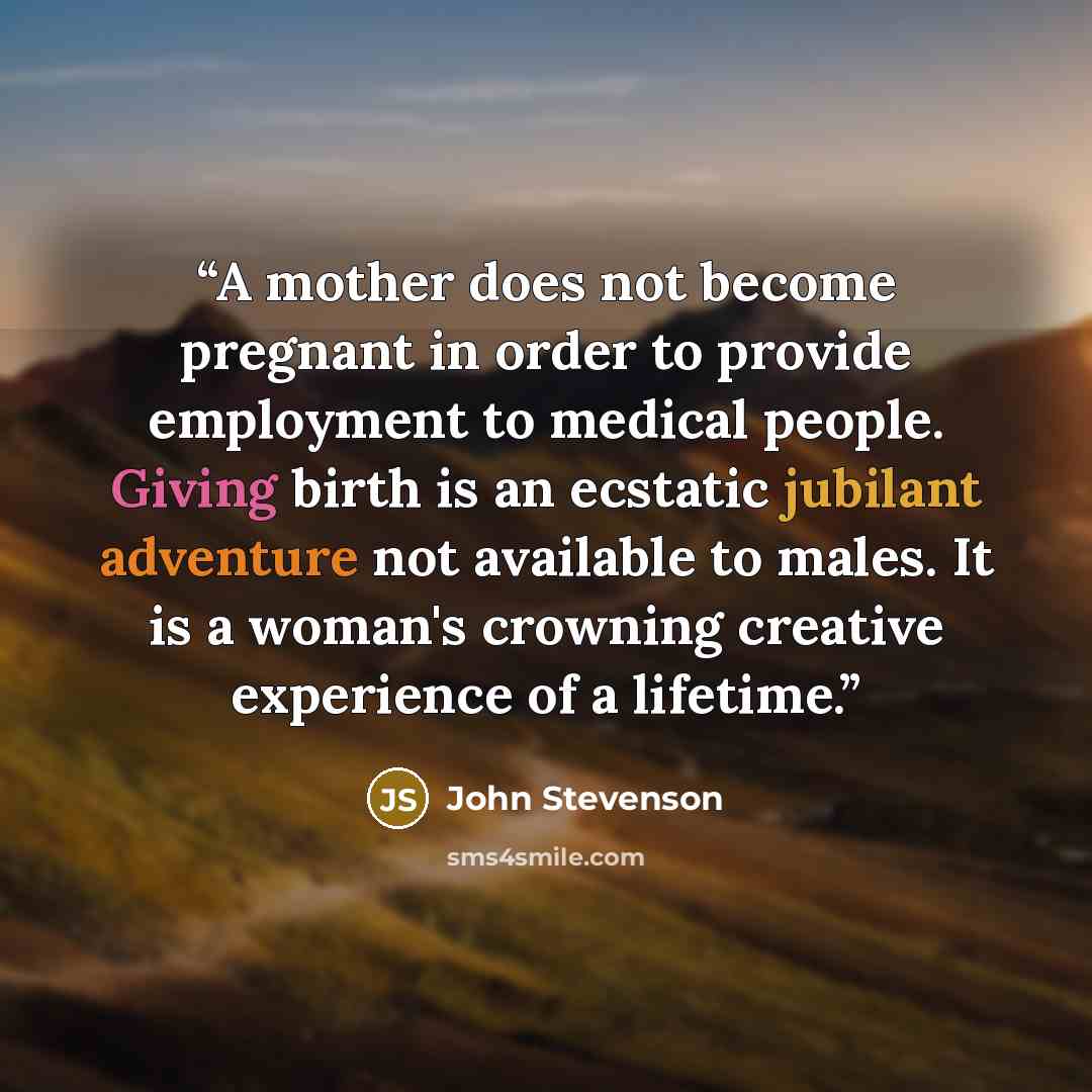 “A mother does not become pregnant in order to provide employment to medical people. Giving birth is an ecstatic jubilant adventure not available to males. It is a woman's crowning creative experience of a lifetime.” quote by John Stevenson