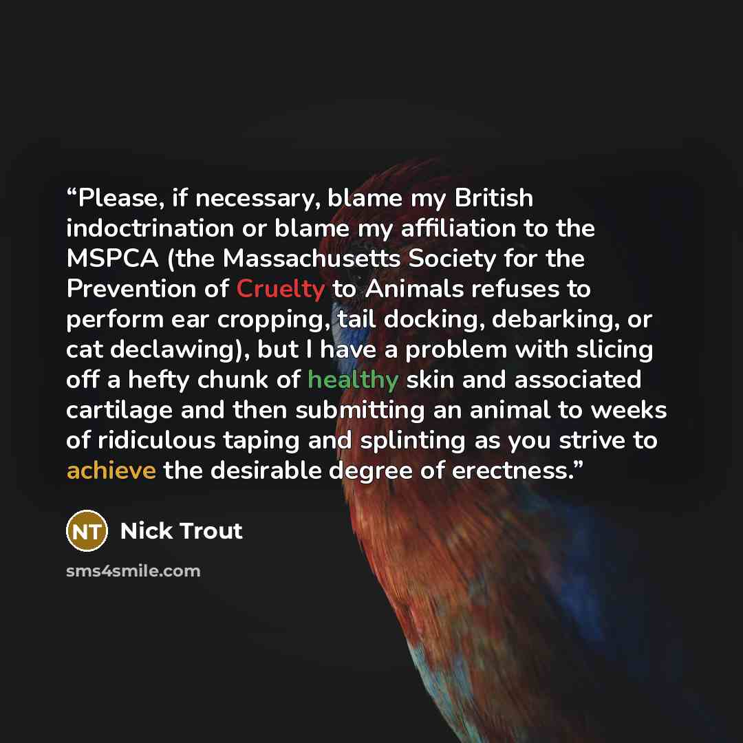 “Please, if necessary, blame my British indoctrination or blame my affiliation to the MSPCA (the Massachusetts Society for the Prevention of Cruelty to Animals refuses to perform ear cropping, tail docking, debarking, or cat declawing), but I have a problem with slicing off a hefty chunk of healthy…” quote by Nick Trout