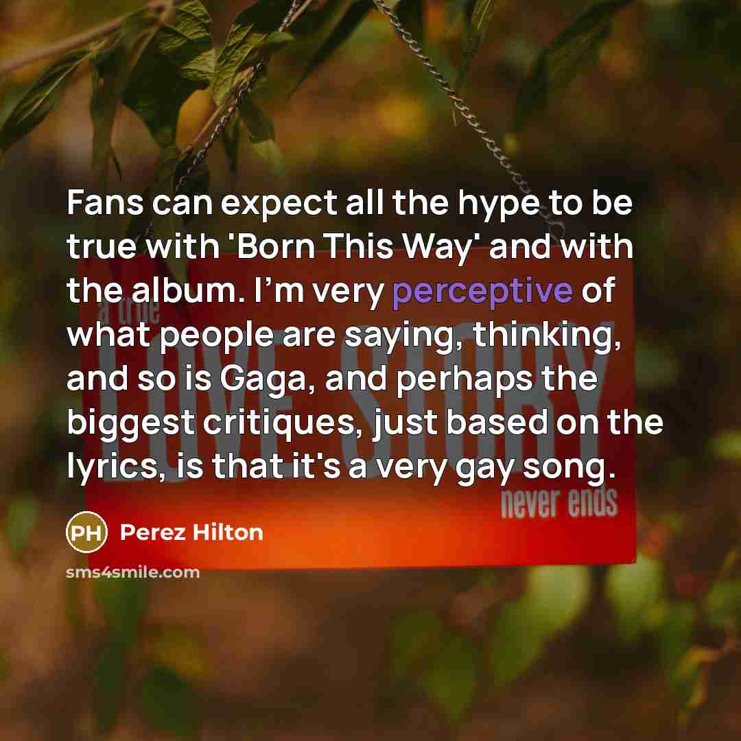 “Fans can expect all the hype to be true with 'Born This Way' and with the album. I'm very perceptive of what people are saying, thinking, and so is Gaga, and perhaps the biggest critiques, just based on the lyrics, is that it's a very gay song.” quote by Perez Hilton