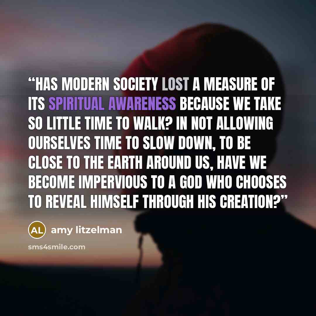 “Has modern society lost a measure of its spiritual awareness because we take so little time to walk? In not allowing ourselves time to slow down, to be close to the earth around us, have we become impervious to a God who chooses to reveal Himself through His creation?” quote by amy litzelman