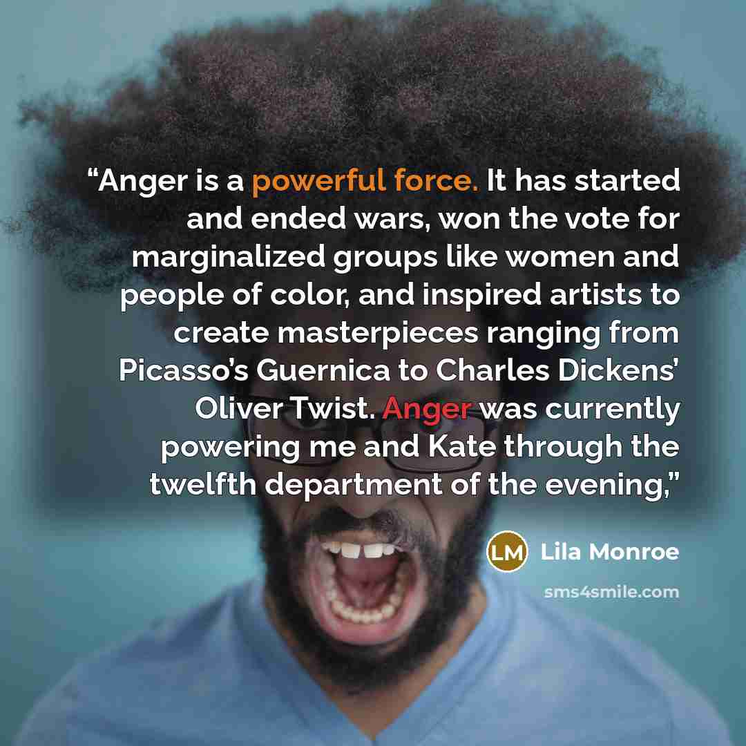 “Anger is a powerful force. It has started and ended wars, won the vote for marginalized groups like women and people of color, and inspired artists to create masterpieces ranging from Picasso’s Guernica to Charles Dickens’ Oliver Twist. Anger was currently powering me and Kate through the twelfth…” quote by Lila Monroe