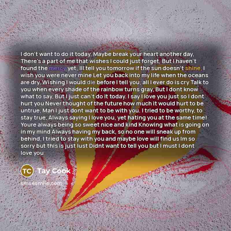 “I don't want to do it today, Maybe break your heart another day, There's a part of me that wishes I could just forget, But I haven't found the mercy yet, Ill tell you tomorrow if the sun doesn't shine, I wish you were never mine Let you back into my life when the oceans are dry, Wishing I would…” quote by Tay Cook