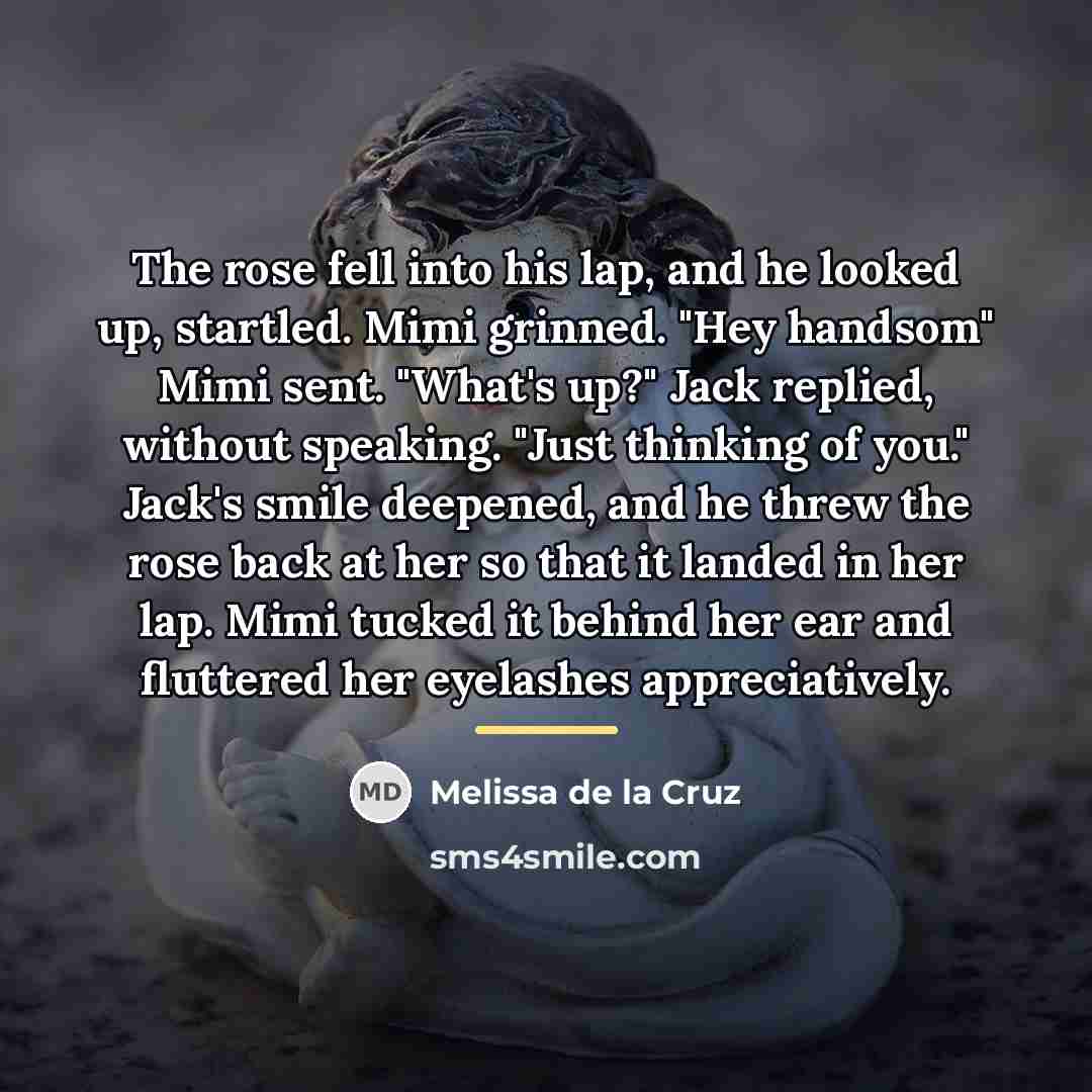 “The rose fell into his lap, and he looked up,…” quote by Melissa de la Cruz
