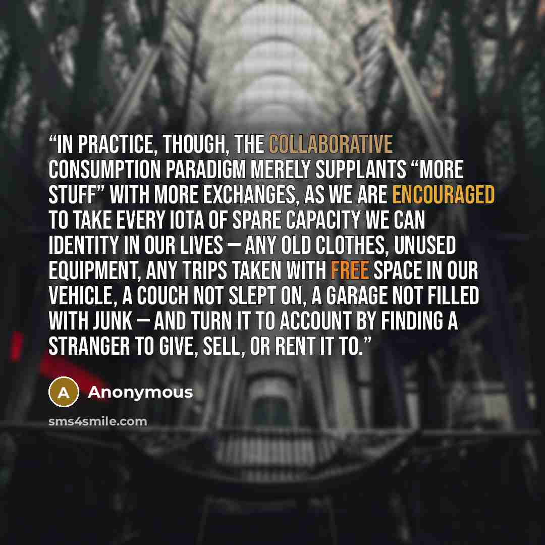 “In practice, though, the collaborative consumption paradigm merely supplants “more stuff” with more exchanges, as we are encouraged to take every iota of spare capacity we can identity in our lives — any old clothes, unused equipment, any trips taken with free space in our vehicle, a couch not…” quote by Anonymous
