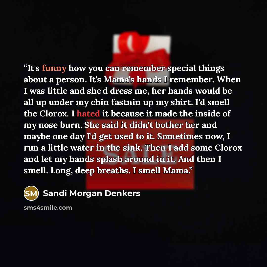 “It's funny how you can remember special things about a person. It's Mama's hands I remember. When I was little and she'd dress me, her hands would be all up under my chin fastnin up my shirt. I'd smell the Clorox. I hated it because it made the inside of my nose burn. She said it didn't bother her…” quote by Sandi Morgan Denkers