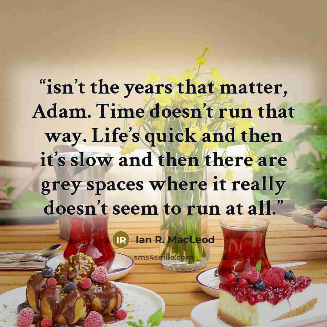 “isn’t the years that matter, Adam. Time doesn’t run that way. Life’s quick and then it’s slow and then there are grey spaces where it really doesn’t seem to run at all.” quote by Ian R. MacLeod