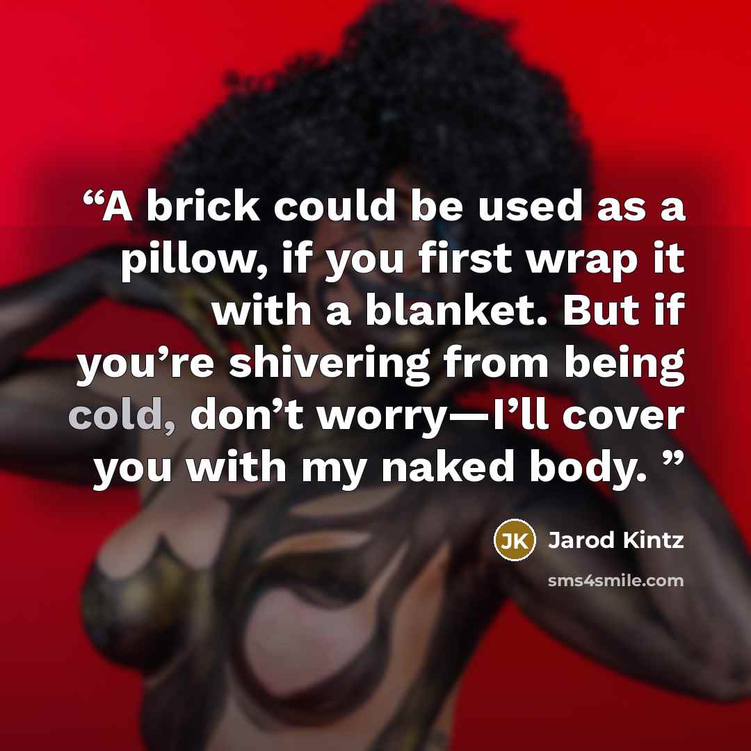 “A brick could be used as a pillow, if you first wrap it with a blanket. But if you’re shivering from being cold, don’t worry—I’ll cover you with my naked body.” quote by Jarod Kintz