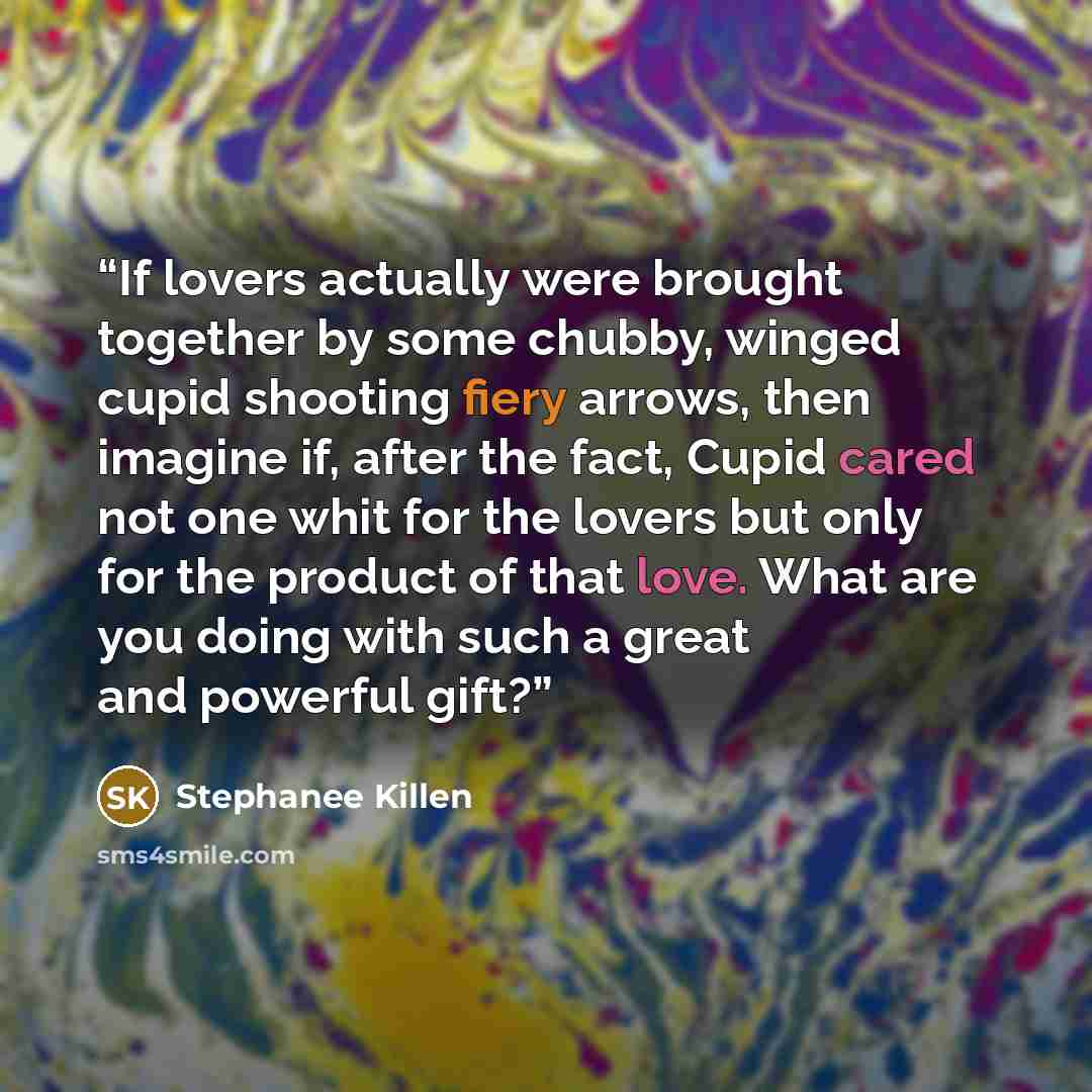 “If lovers actually were brought together by some chubby, winged cupid shooting fiery arrows, then imagine if, after the fact, Cupid cared not one whit for the lovers but only for the product of that love. What are you doing with such a great and powerful gift?” quote by Stephanee Killen