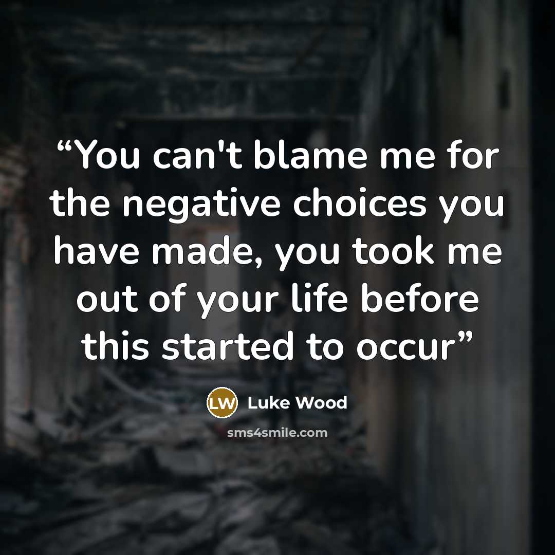 “You can't blame me for the negative choices you have made, you took me out of your life before this started to occur” quote by Luke Wood