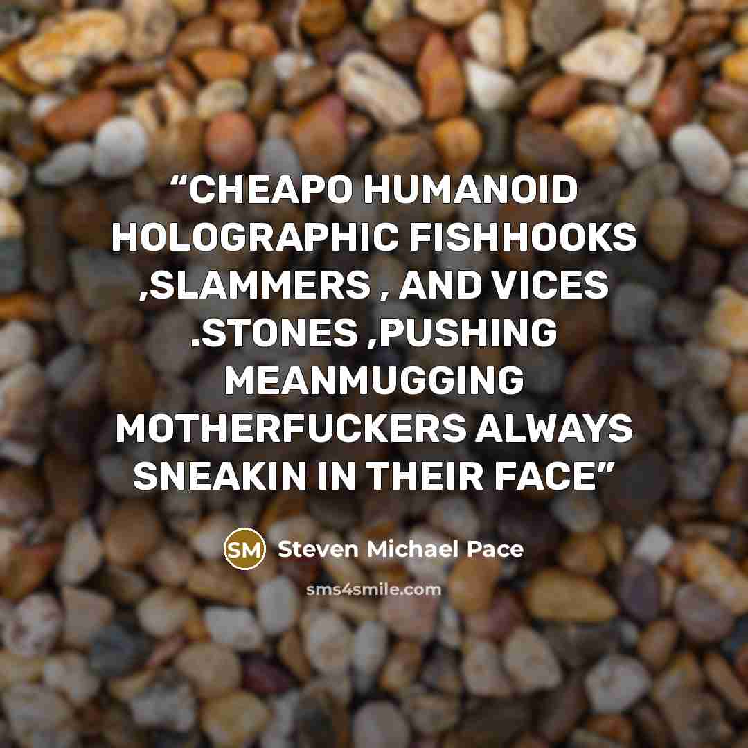 “CHEAPO HUMANOID HOLOGRAPHIC FISHHOOKS ,SLAMMERS , AND VICES .STONES ,PUSHING MEANMUGGING MOTHERFUCKERS ALWAYS SNEAKIN IN THEIR FACE” quote by Steven Michael Pace