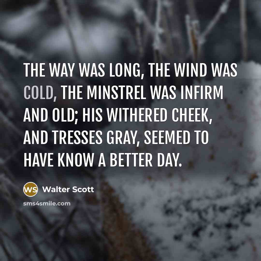 “The way was long, the wind was cold, The Minstrel was infirm and old; His withered cheek, and tresses gray, Seemed to have know a better day.” quote by Walter Scott