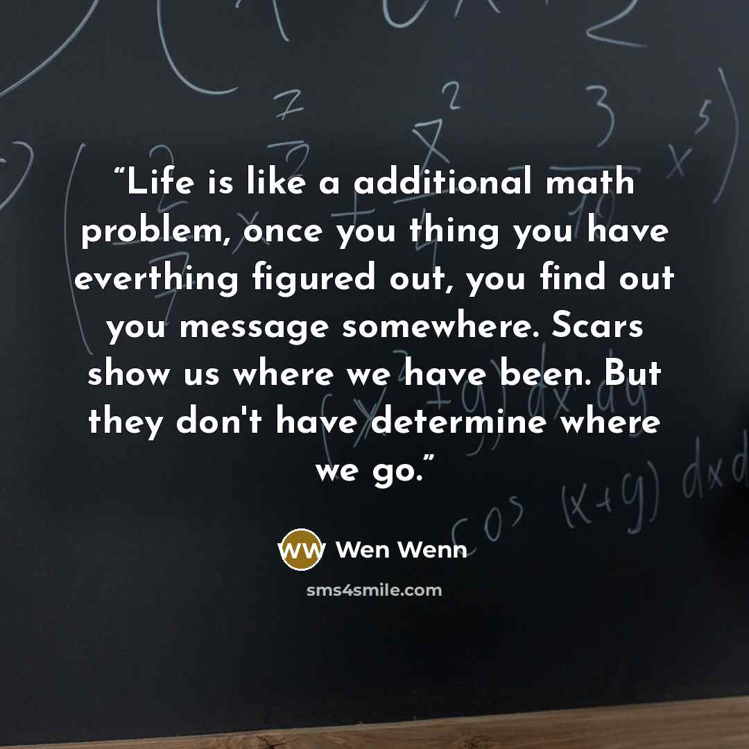 “Life is like a additional math problem, once you thing you have everthing figured out, you find out you message somewhere. Scars show us where we have been. But they don't have determine where we go.” quote by Wen Wenn