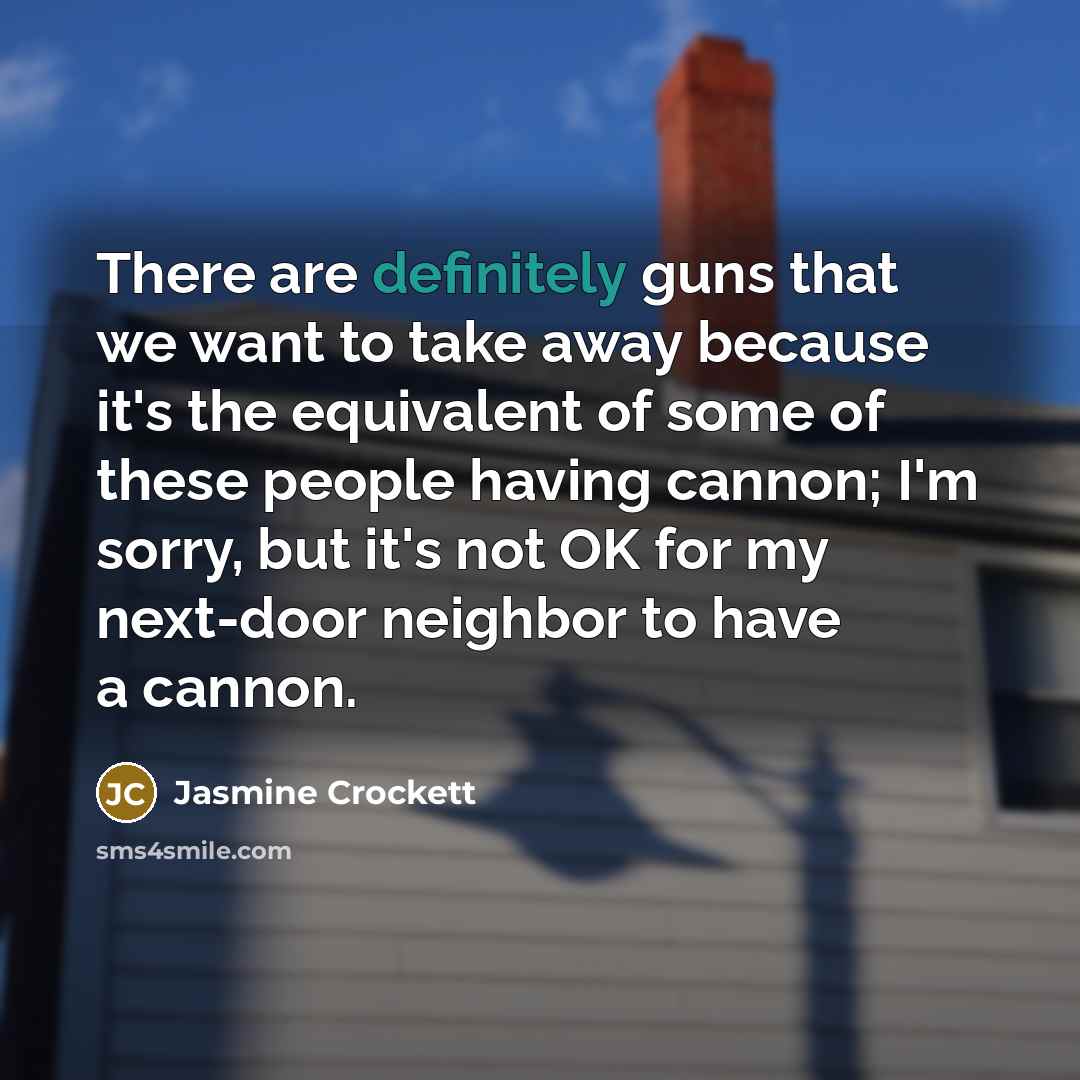 “There are definitely guns that we want to take away because it's the equivalent of some of these people having cannon; I'm sorry, but it's not OK for my next-door neighbor to have a cannon.” quote by Jasmine Crockett