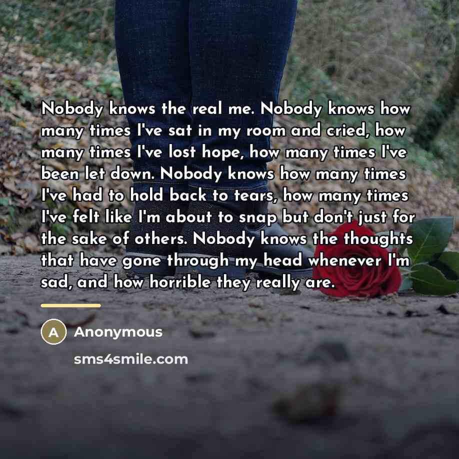 “Nobody knows the real me. Nobody knows how many times…” quote by Anonymous