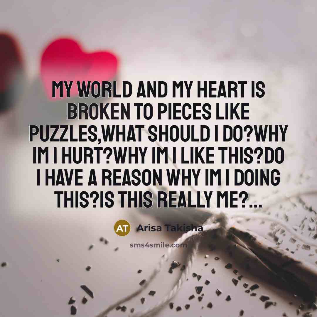 “My world and my heart is broken to pieces like puzzles,What should I do?Why Im I hurt?Why Im I like this?Do I have a reason why Im I doing this?Is this really me?...” quote by Arisa Takisha