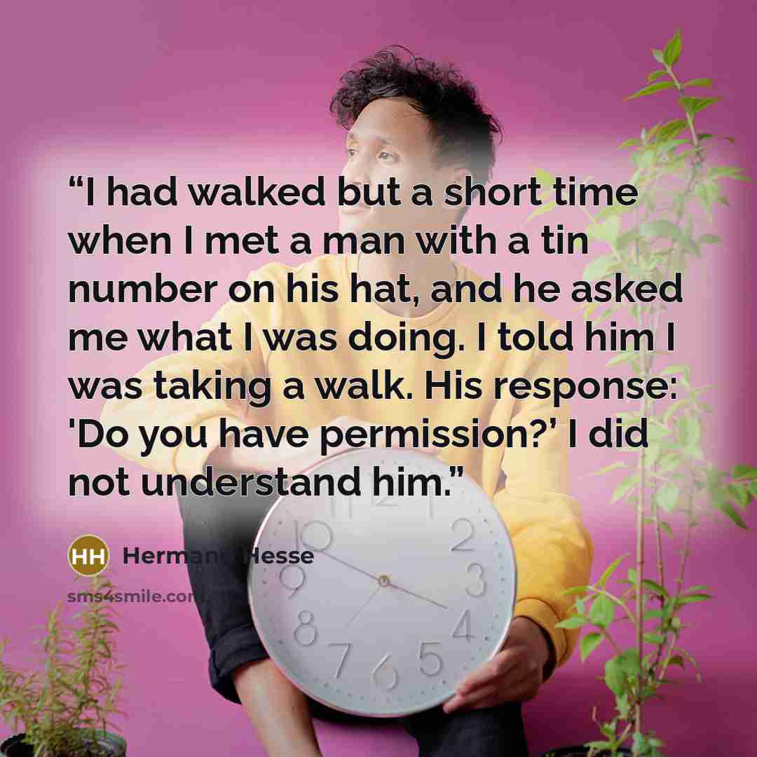 “I had walked but a short time when I met a man with a tin number on his hat, and he asked me what I was doing. I told him I was taking a walk. His response: 'Do you have permission?’ I did not understand him.” quote by Hermann Hesse