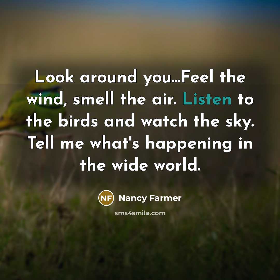 “Look around you...Feel the wind, smell the air. Listen to…” quote by Nancy Farmer