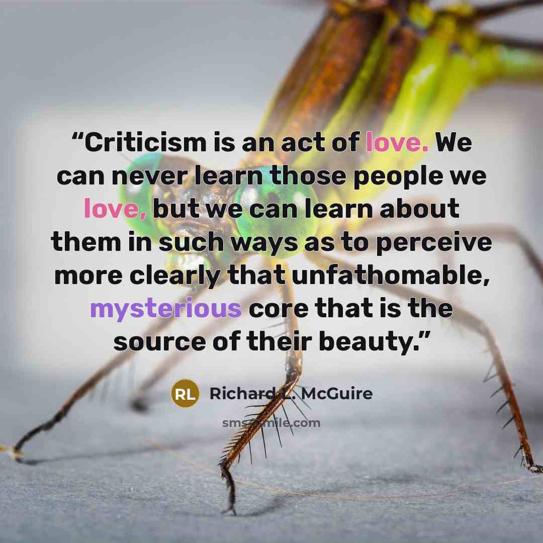 “Criticism is an act of love. We can never learn those people we love, but we can learn about them in such ways as to perceive more clearly that unfathomable, mysterious core that is the source of their beauty.” quote by Richard L. McGuire