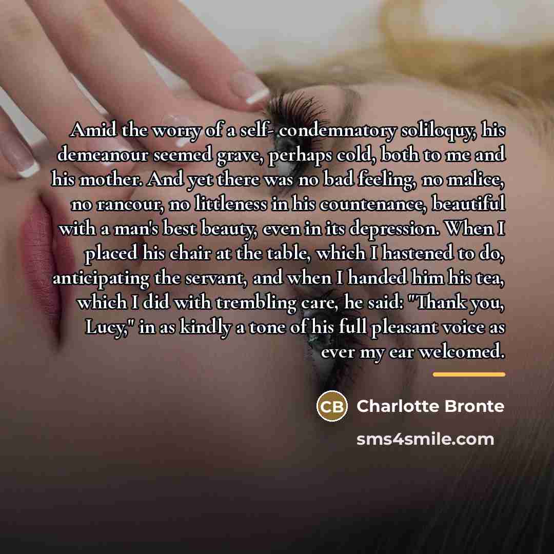 “Amid the worry of a self- condemnatory soliloquy, his demeanour…” quote by Charlotte Bronte