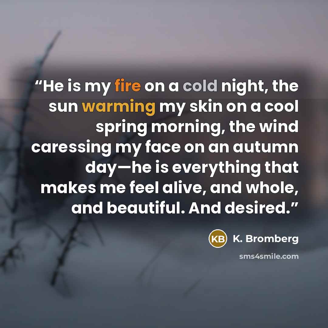“He is my fire on a cold night, the sun warming my skin on a cool spring morning, the wind caressing my face on an autumn day—he is everything that makes me feel alive, and whole, and beautiful. And desired.” quote by K. Bromberg