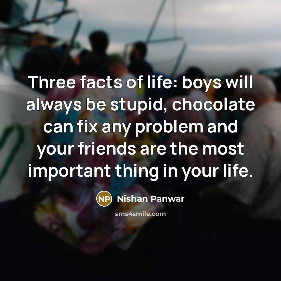 “Three facts of life: boys will always be stupid, chocolate…” quote by Nishan Panwar
