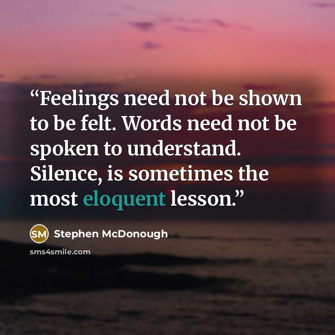 “Feelings need not be shown to be felt. Words need not be spoken to understand. Silence, is sometimes the most eloquent lesson.” quote by Stephen McDonough