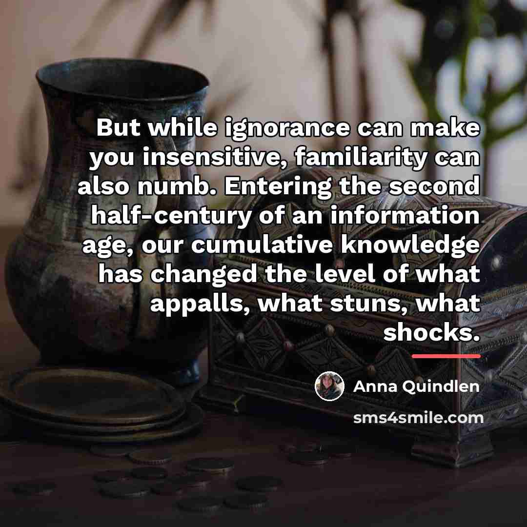 “But while ignorance can make you insensitive, familiarity can also…” quote by Anna Quindlen