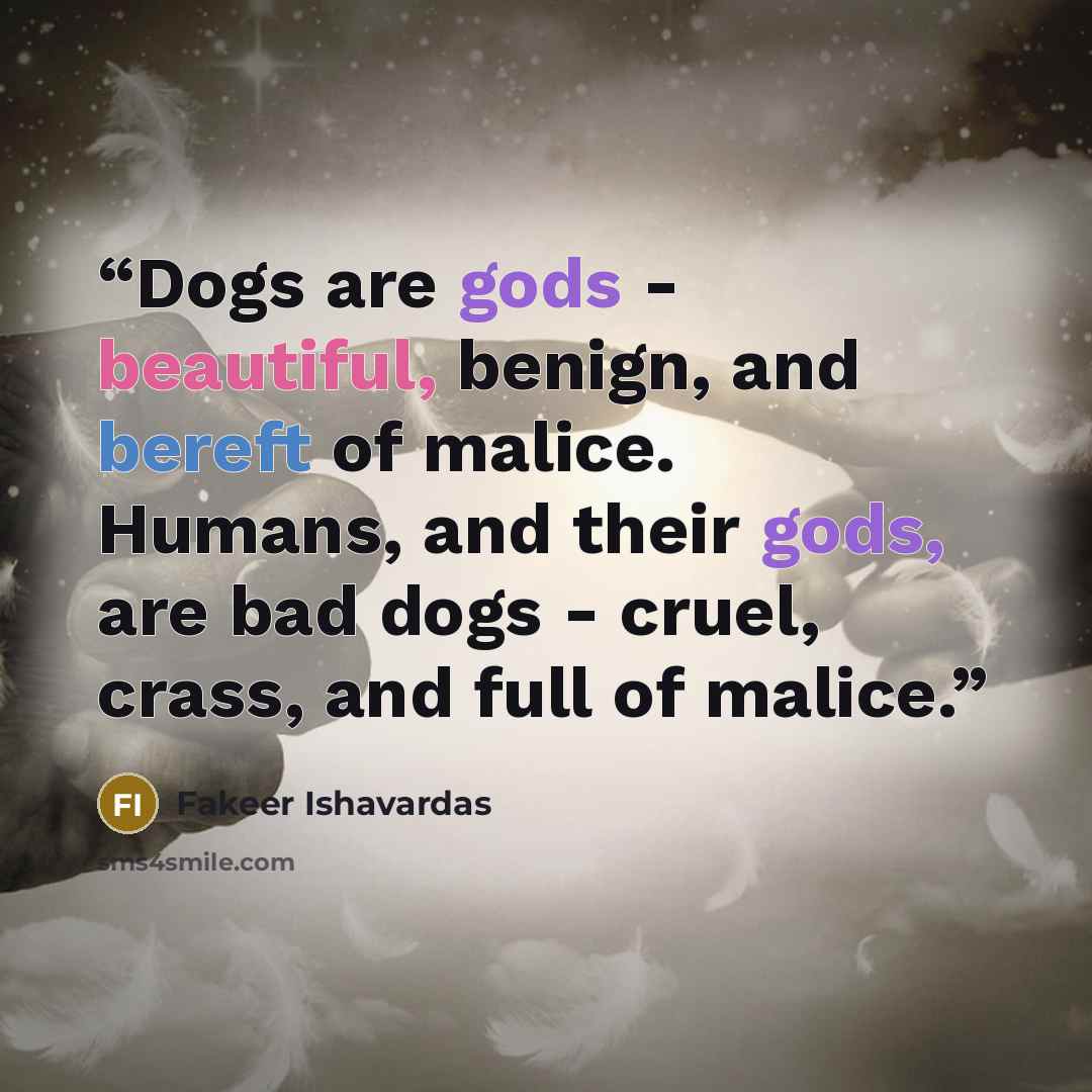 “Dogs are gods - beautiful, benign, and bereft of malice. Humans, and their gods, are bad dogs - cruel, crass, and full of malice.” quote by Fakeer Ishavardas