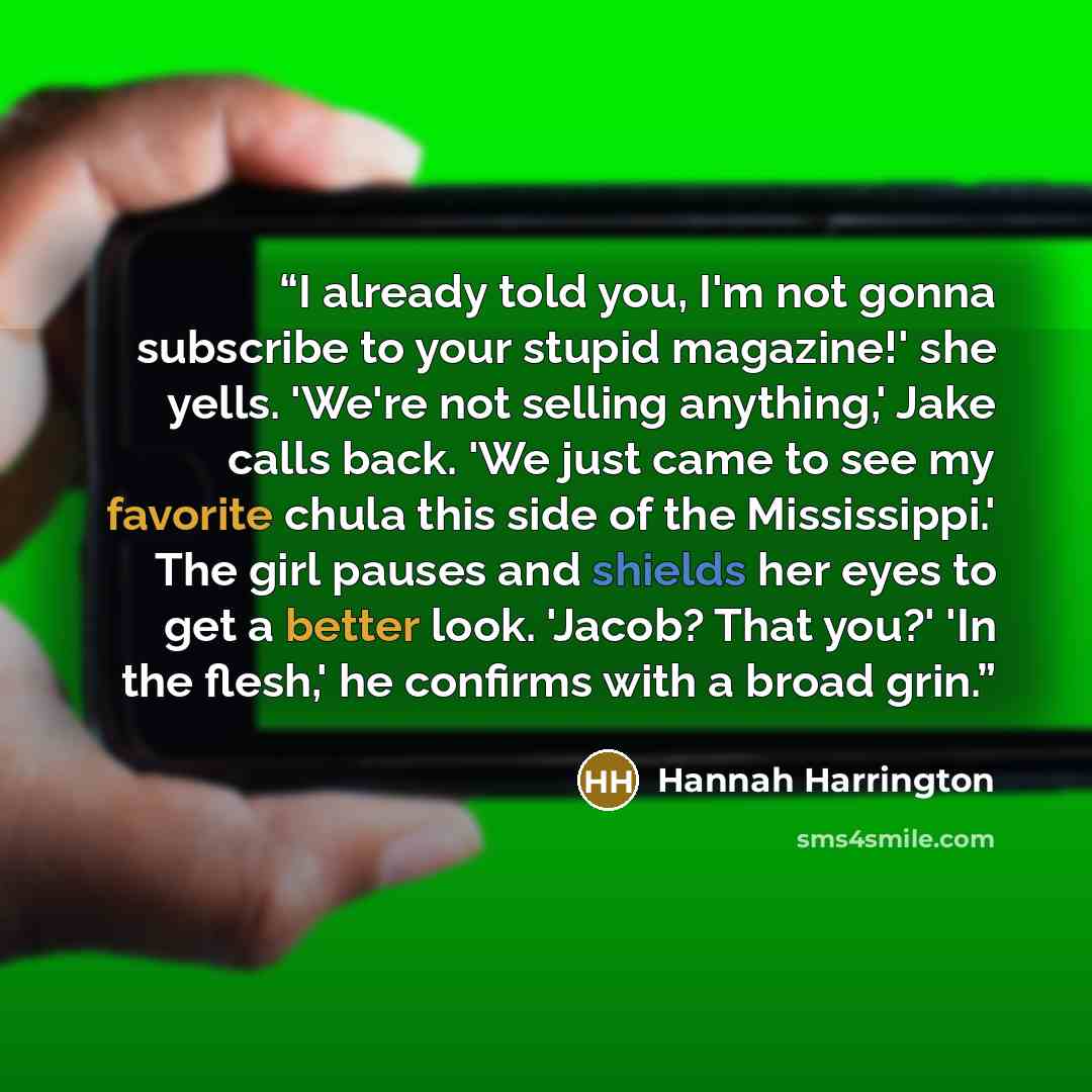 “I already told you, I'm not gonna subscribe to your stupid magazine!' she yells. 'We're not selling anything,' Jake calls back. 'We just came to see my favorite chula this side of the Mississippi.' The girl pauses and shields her eyes to get a better look. 'Jacob? That you?' 'In the flesh,' he…” quote by Hannah Harrington