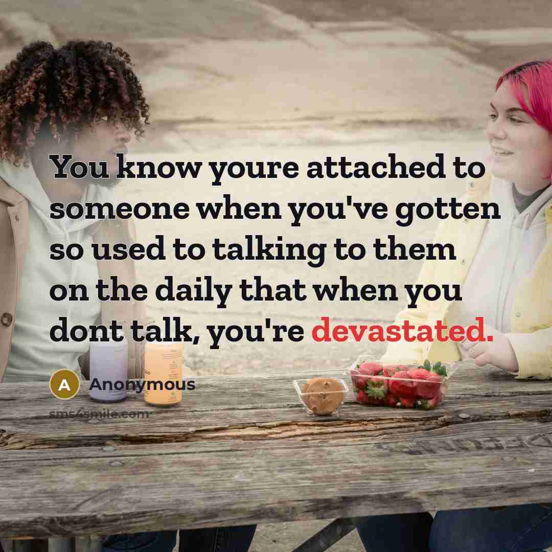 “You know youre attached to someone when you've gotten so used to talking to them on the daily that when you dont talk, you're devastated.” quote by Anonymous