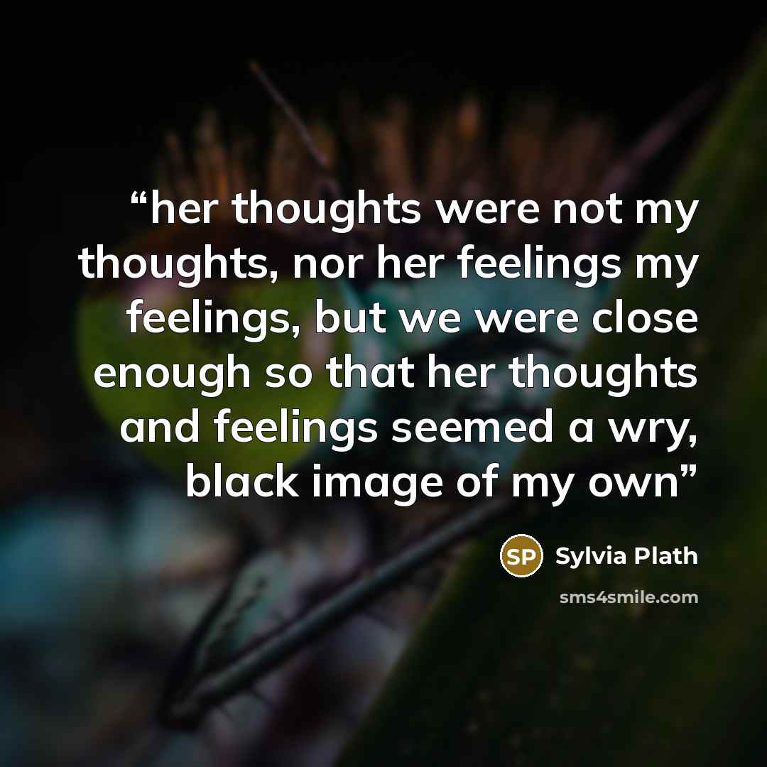 “her thoughts were not my thoughts, nor her feelings my feelings, but we were close enough so that her thoughts and feelings seemed a wry, black image of my own” quote by Sylvia Plath