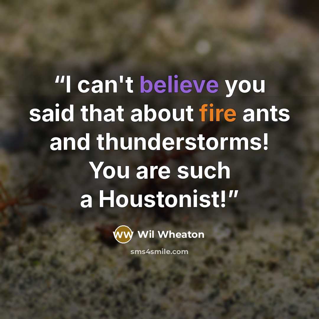“I can't believe you said that about fire ants and thunderstorms! You are such a Houstonist!” quote by Wil Wheaton