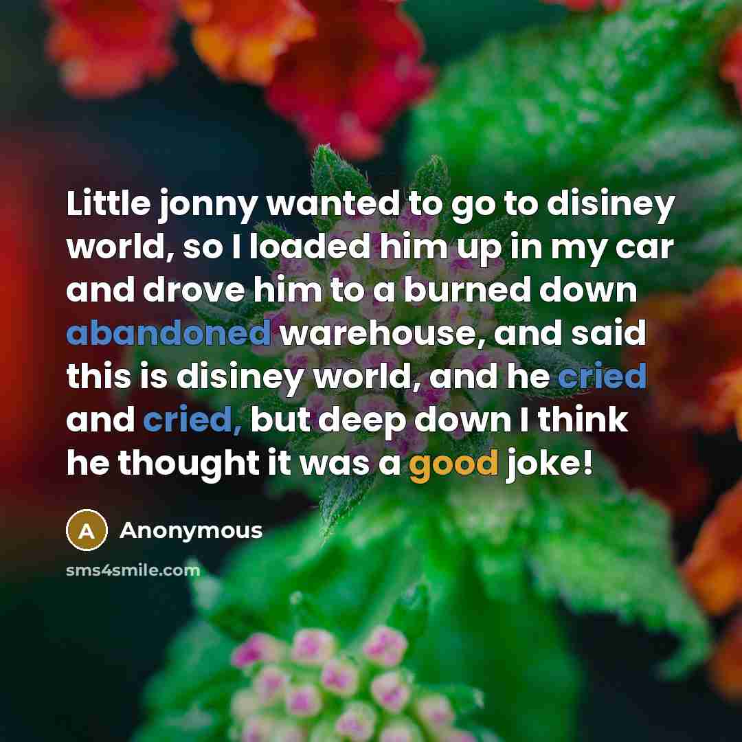 “Little jonny wanted to go to disiney world, so I loaded him up in my car and drove him to a burned down abandoned warehouse, and said this is disiney world, and he cried and cried, but deep down I think he thought it was a good joke!” quote by Anonymous