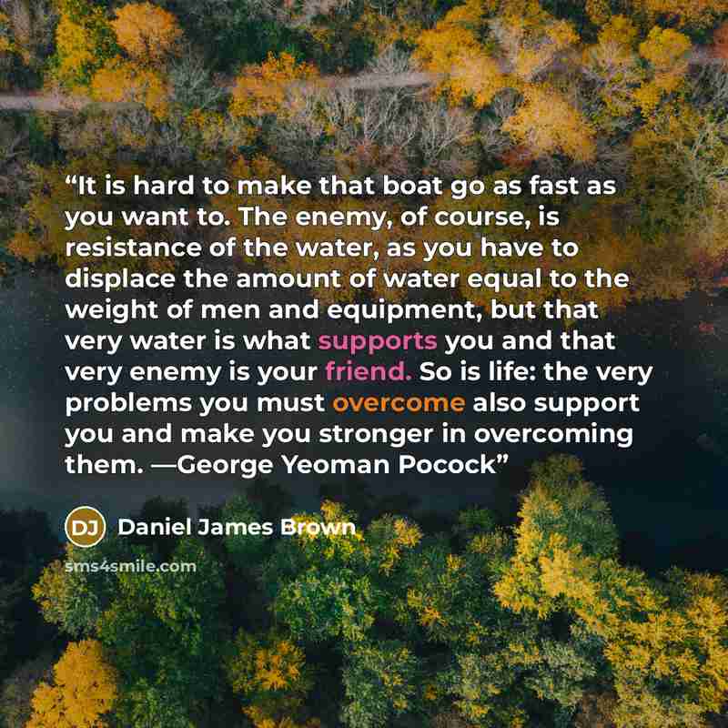 “It is hard to make that boat go as fast as you want to. The enemy, of course, is resistance of the water, as you have to displace the amount of water equal to the weight of men and equipment, but that very water is what supports you and that very enemy is your friend. So is life: the very problems…” quote by Daniel James Brown